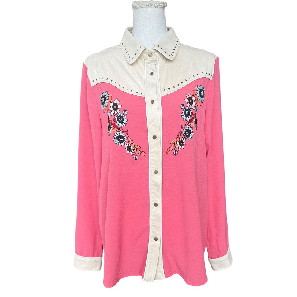 John Moon Texas Pink Western Shirt Floral Embroidery Fringe Studded XL Handmade - Picture 2 of 14
